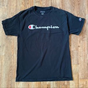 Champion Logo Mens Short Sleeve T shirt Black White Medium